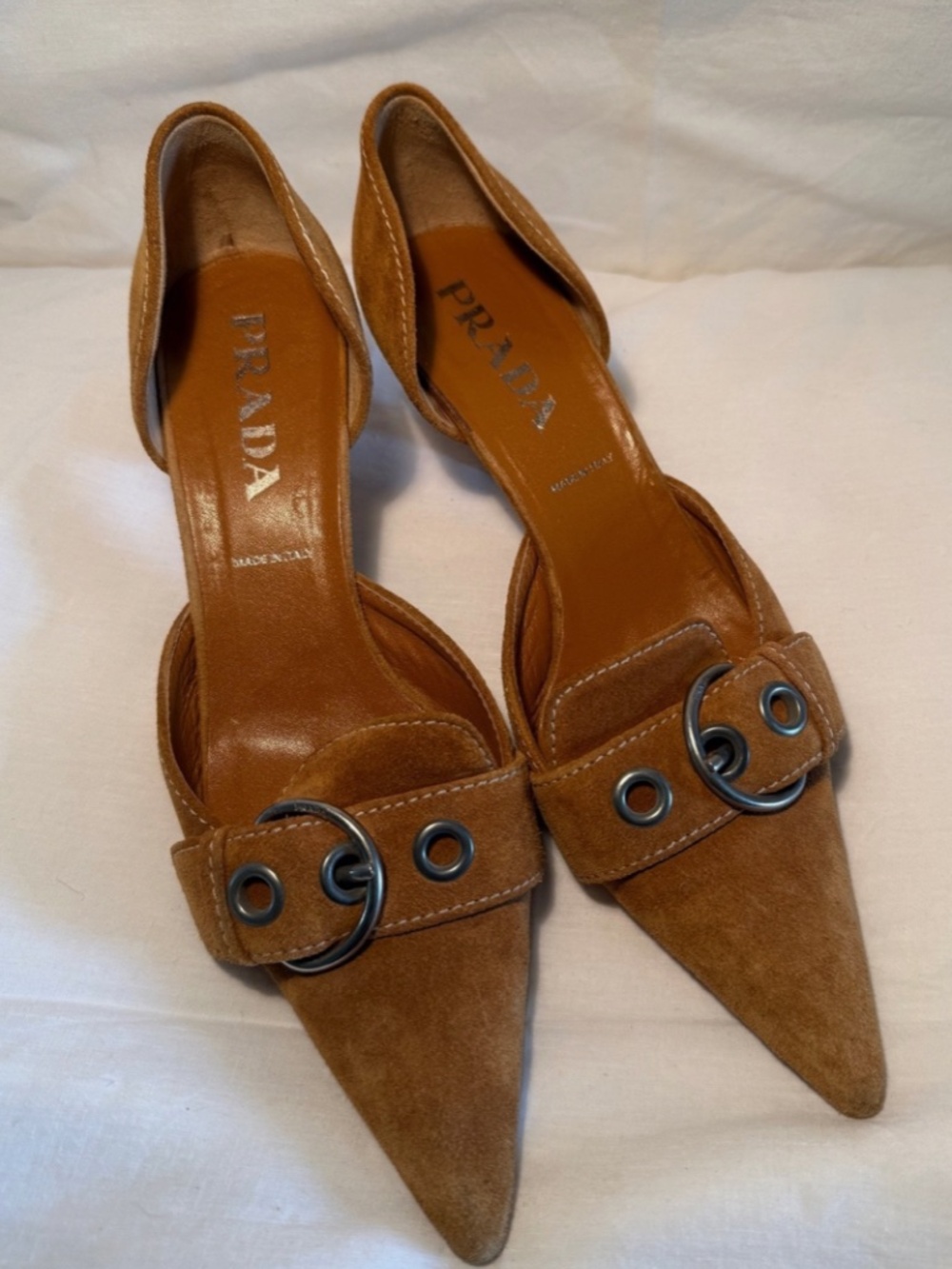 Vintage Prada S/S 2002 Brown Suede Buckle Kitten Heels Size 39 - Picture 2 of 10